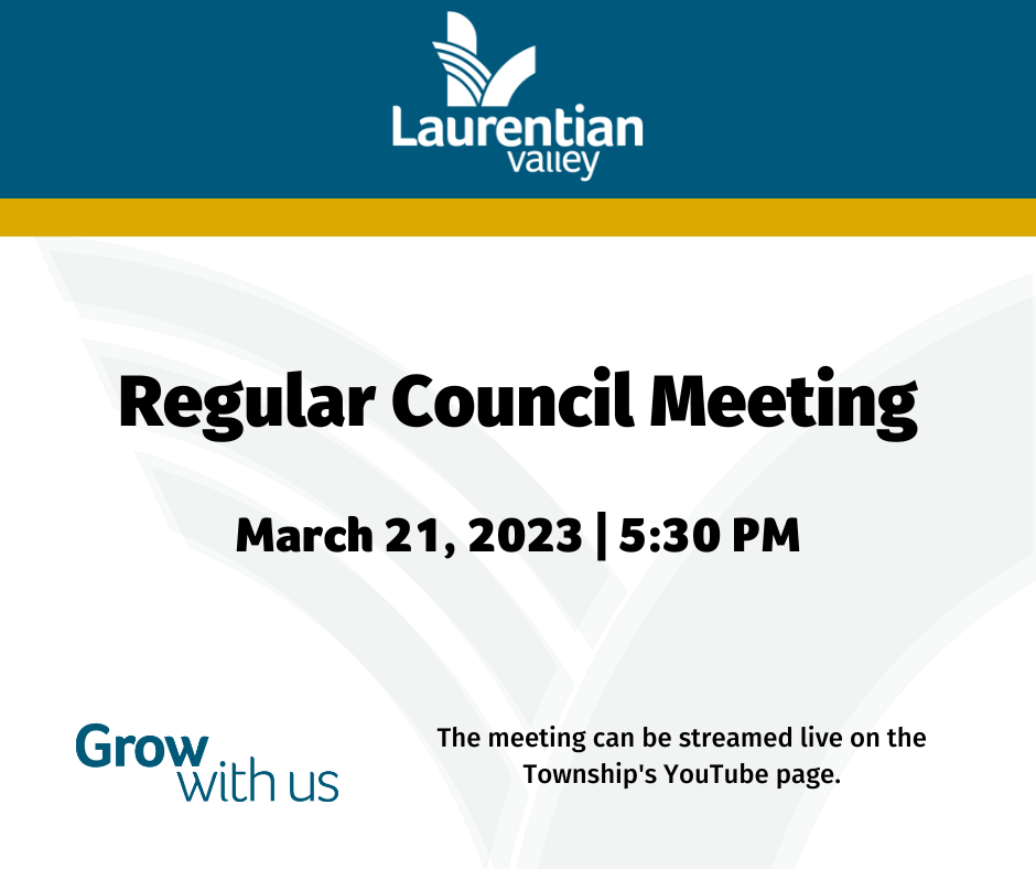 Graphic with information about the regular council meeting on March 21, 2023.