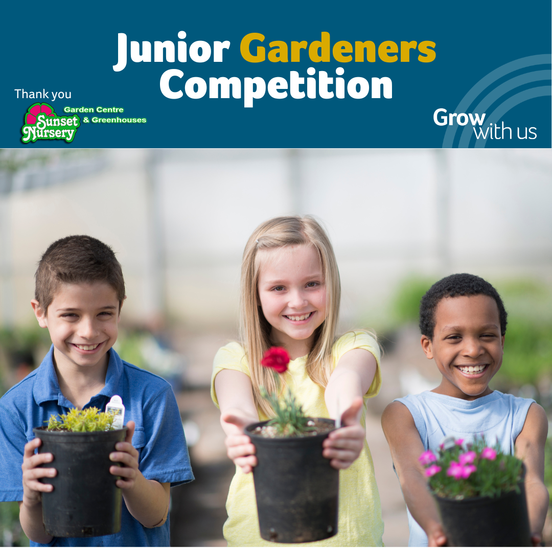 Photo of children holding out plants in pots with an overlay title saying Junior Gardeners Competition.