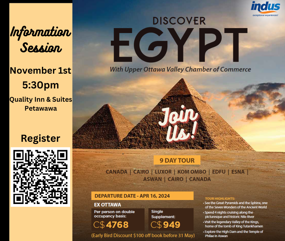 Graphic with a photo of the Egyptian pyramids and trip details.